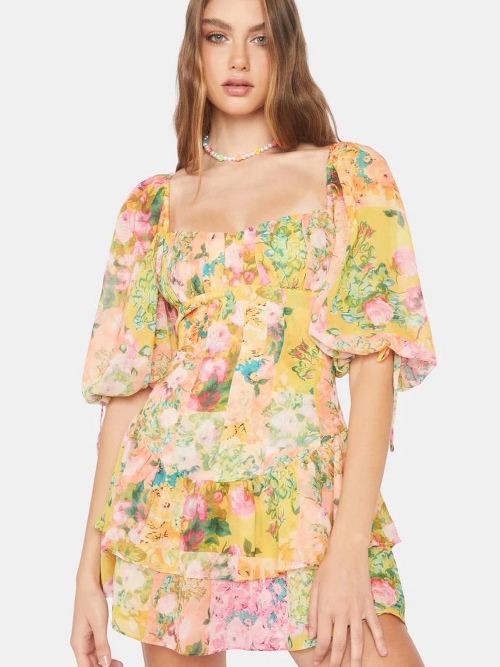 For Love & Lemons Nina Floral Tiered Dress in Yellow & Pink - Picture 5 of 7